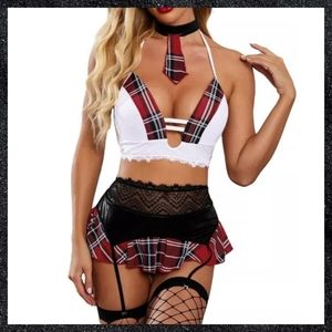 Red & Black Plaid Naughty School Girl Cosplay Lingerie Set